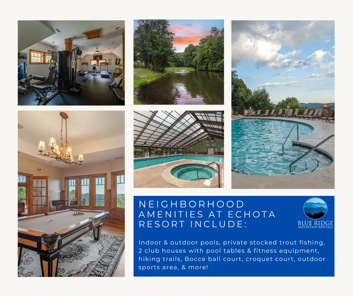 This image captures a vibrant community amenity space with a view of fitness equipment, a game table, a swimming pool, and a jacuzzi, all set against an outdoor backdrop. Through the windows and beyond the pool, the scenery hints at outdoor trails and nature, suggesting easy access to both recreation and relaxation within the community.